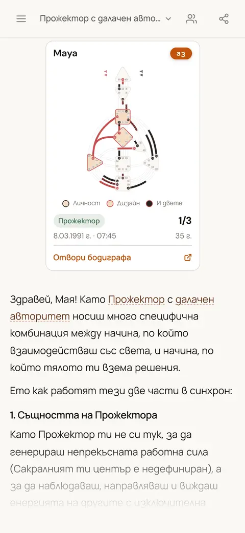 AI чат обяснява какво означава да си Прожектор с далачен авторитет, а над отговора е картата на човека