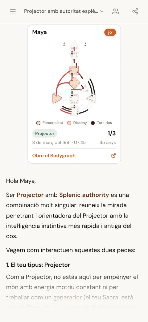 Xat amb IA que respon què vol dir ser Projector amb autoritat esplènica, amb la carta de la persona damunt de la resposta