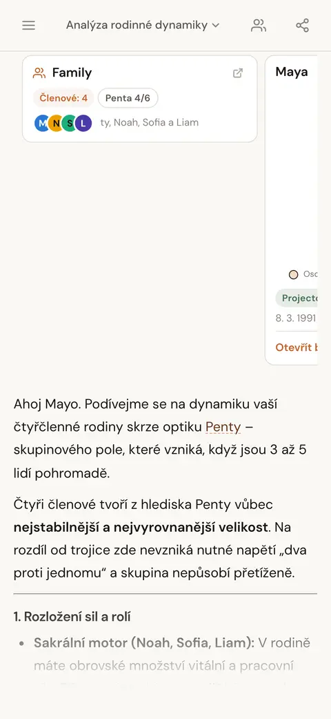 Karta osoby a karta skupiny v odpovědi chatu s AI o dynamice rodinné skupiny