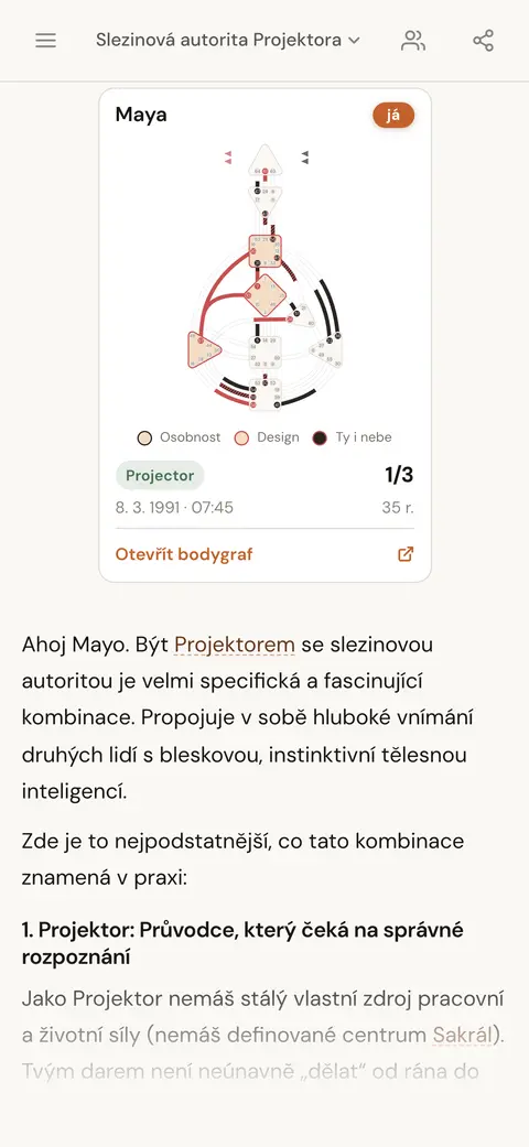Chat s AI vysvětluje, co znamená být Projektor se slezinovou autoritou; nad odpovědí je karta mapy osoby