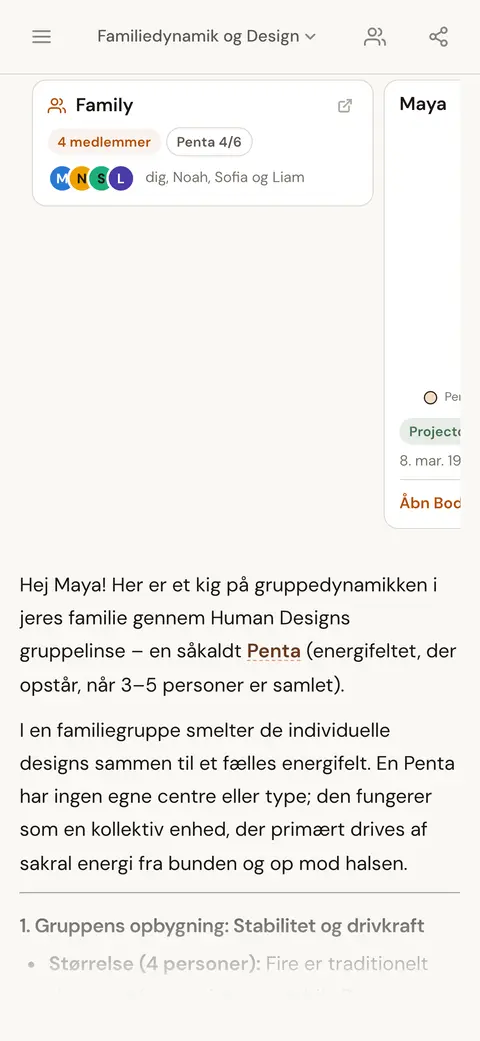Et personkort og et gruppekort i et svar i AI-chatten om dynamikken i en familiegruppe