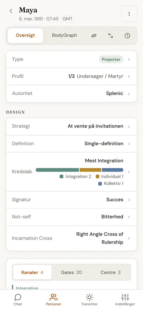 Et overblik over en persons chart med type, profil, autoritet, strategi, definition og incarnation cross