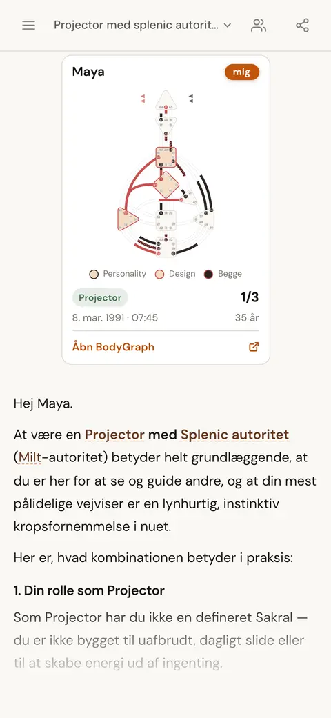 AI-chat, der forklarer, hvad det vil sige at være Projector med splenic autoritet, med personens chartkort over svaret