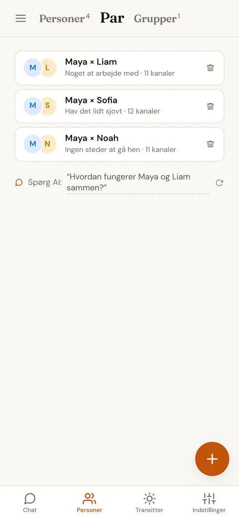 Valg af to gemte personer til sammenligning, hvor én plads er udfyldt, og én stadig mangler et valg