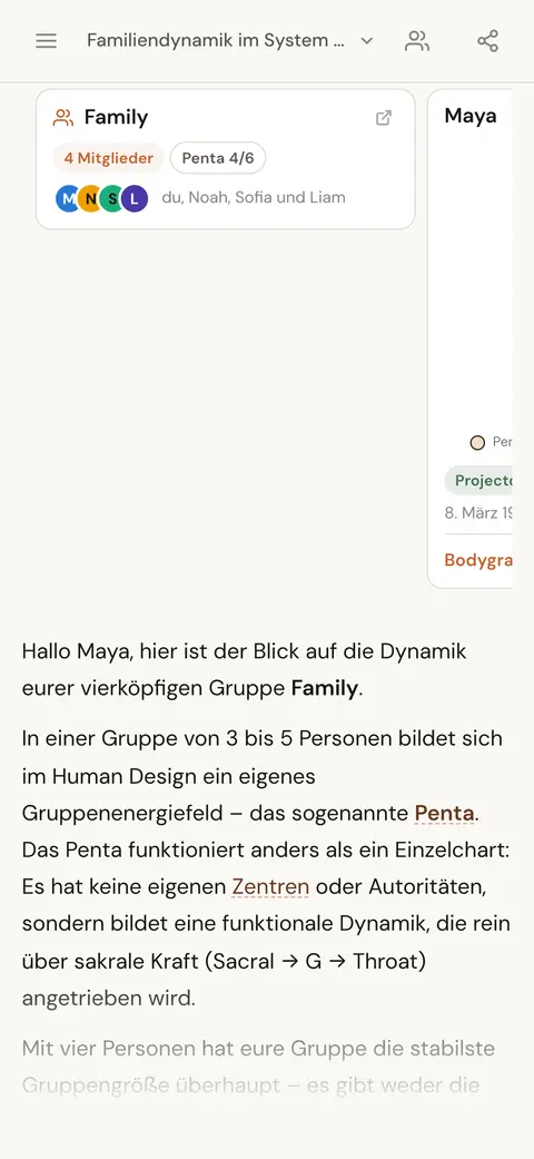 Eine Personen-Karte und eine Gruppen-Karte in einer KI-Antwort über die Dynamik einer Familiengruppe