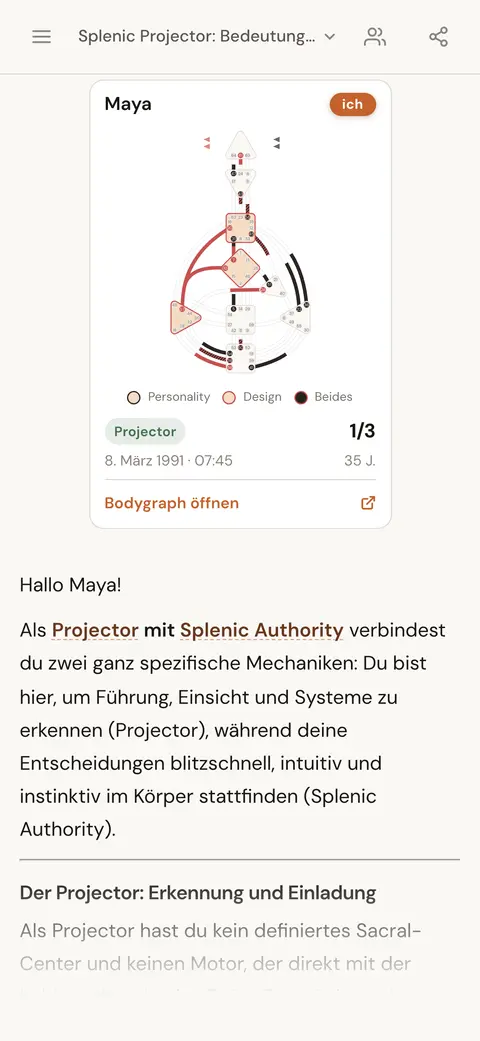 KI-Chat, der erklärt, was es heißt, ein Projektor mit Milz-Autorität zu sein, mit der Chart-Karte der Person über der Antwort