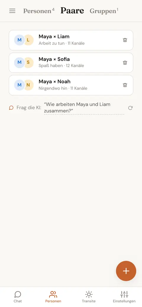 Zwei gespeicherte Personen zum Vergleich auswählen, ein Platz belegt, einer noch offen