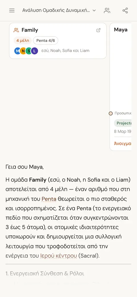 Κάρτα ατόμου και κάρτα ομάδας μέσα σε απάντηση συνομιλίας AI για τη δυναμική μιας οικογενειακής ομάδας
