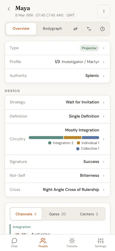 ภาพรวมชาร์ตของคนหนึ่งคน แสดง Type, Profile, Authority, Strategy, Definition และ Incarnation Cross