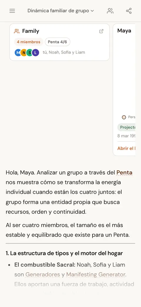Una tarjeta de persona y una de grupo dentro de una respuesta de la IA sobre la dinámica de un grupo familiar