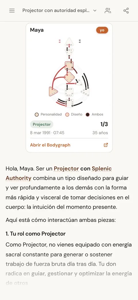 Chat de IA explicando qué significa ser un Proyector con autoridad Esplénica, con la tarjeta de la carta de la persona sobre la respuesta