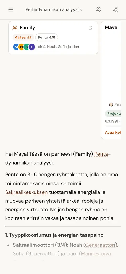 Henkilökortti ja ryhmäkortti tekoälykeskustelun vastauksessa, joka käsittelee perheryhmän dynamiikkaa