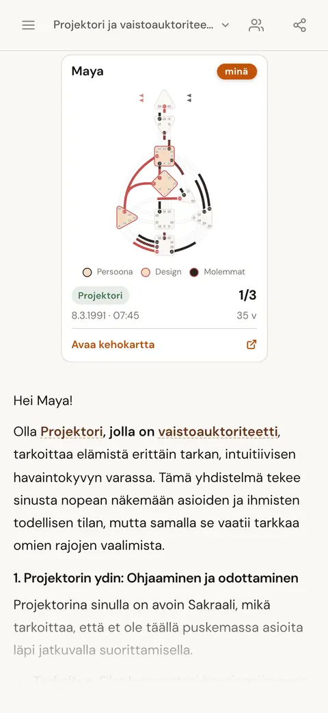 Tekoälykeskustelu vastaa, mitä tarkoittaa olla Projektori, jolla on vaistoauktoriteetti; vastauksen yläpuolella on henkilön karttakortti