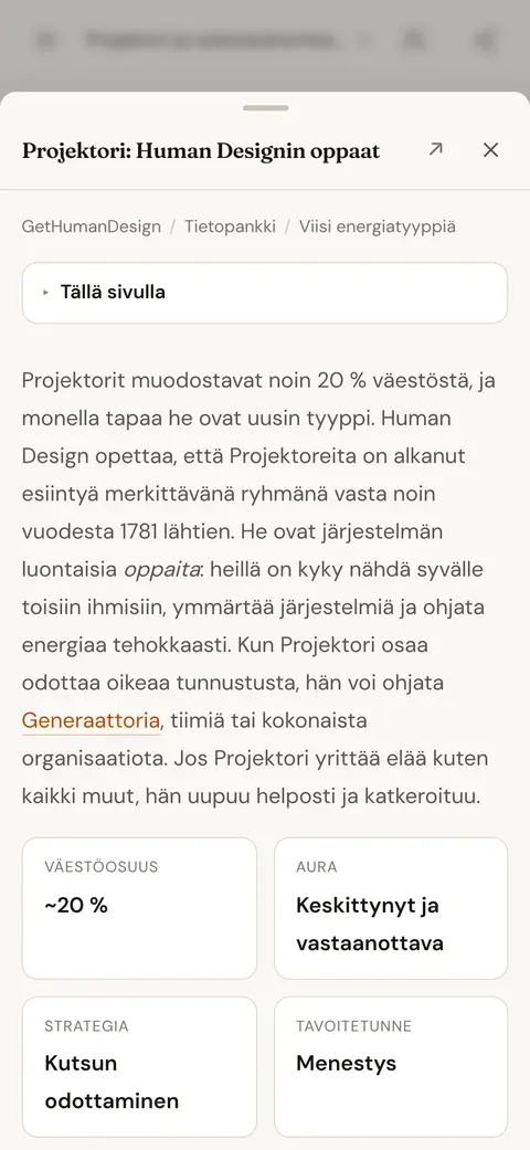 Tietopankin artikkeli Projektori-energiatyypistä avattuna sen linkittäneen keskusteluvastauksen päällä