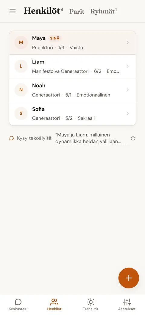 Luettelo tallennetuista henkilöistä; kunkin kohdalla näkyvät energiatyyppi, profiili ja auktoriteetti