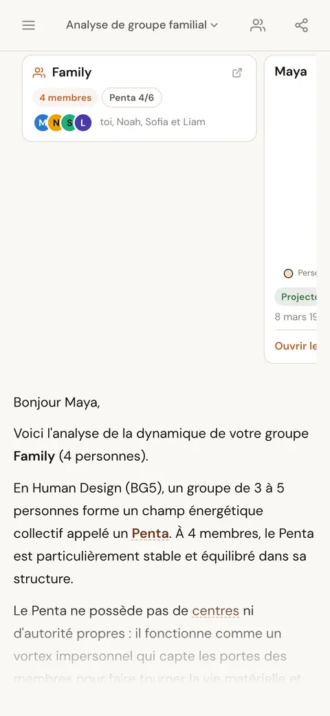 Une carte de personne et une carte de groupe dans une réponse de l'IA sur la dynamique d'un groupe familial
