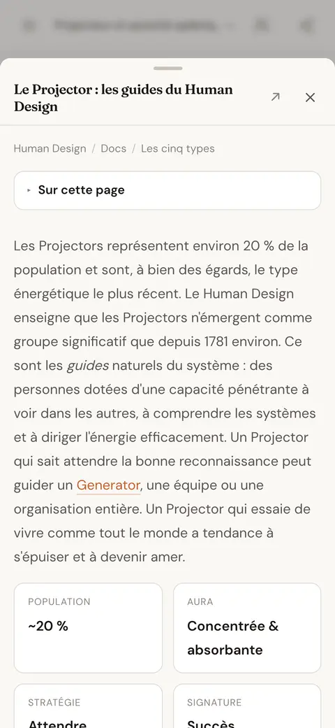 Un article de la base de connaissances sur le type Projecteur, ouvert par-dessus la réponse du chat qui y renvoyait