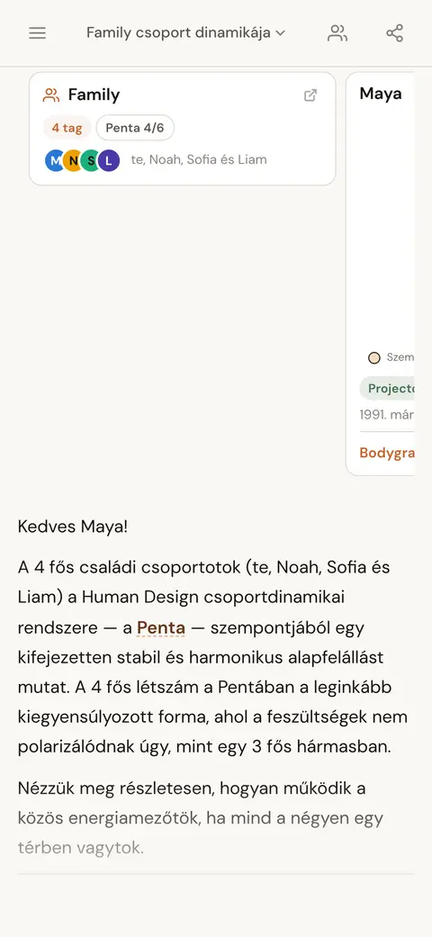 Egy személykártya és egy csoportkártya egy AI-chatválaszban, egy családi csoport dinamikájáról
