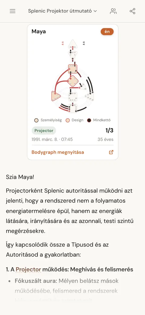 Az AI-chat arra válaszol, mit jelent Projektornak lenni Lép autoritással, a válasz fölött a személy chartkártyájával