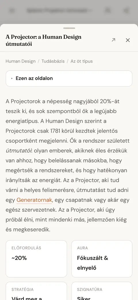 Egy tudásbázis-cikk a Projektor típusról, megnyitva a chatválasz fölött, amelyik hivatkozott rá