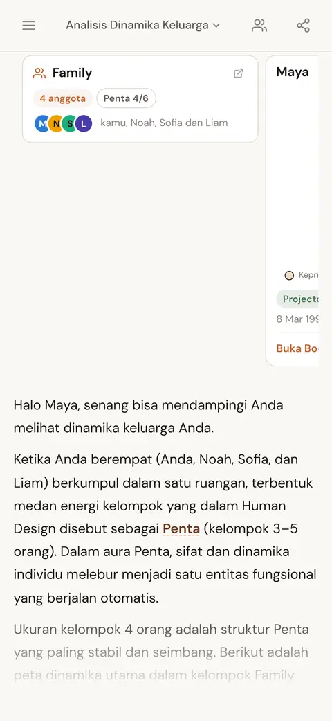Kartu orang dan kartu grup di dalam balasan chat AI tentang dinamika sebuah grup keluarga