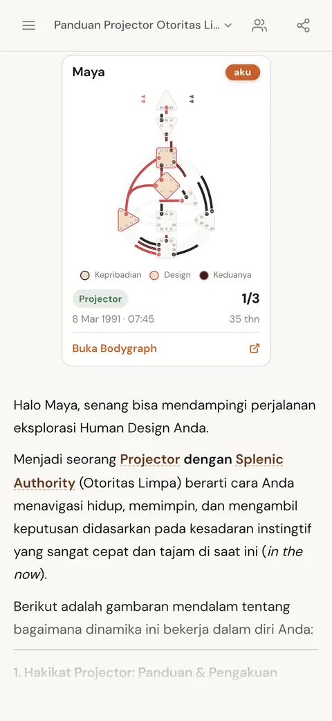 Chat AI menjawab apa artinya menjadi Projector dengan Otoritas Limpa, dengan kartu grafik orang itu di atas balasannya