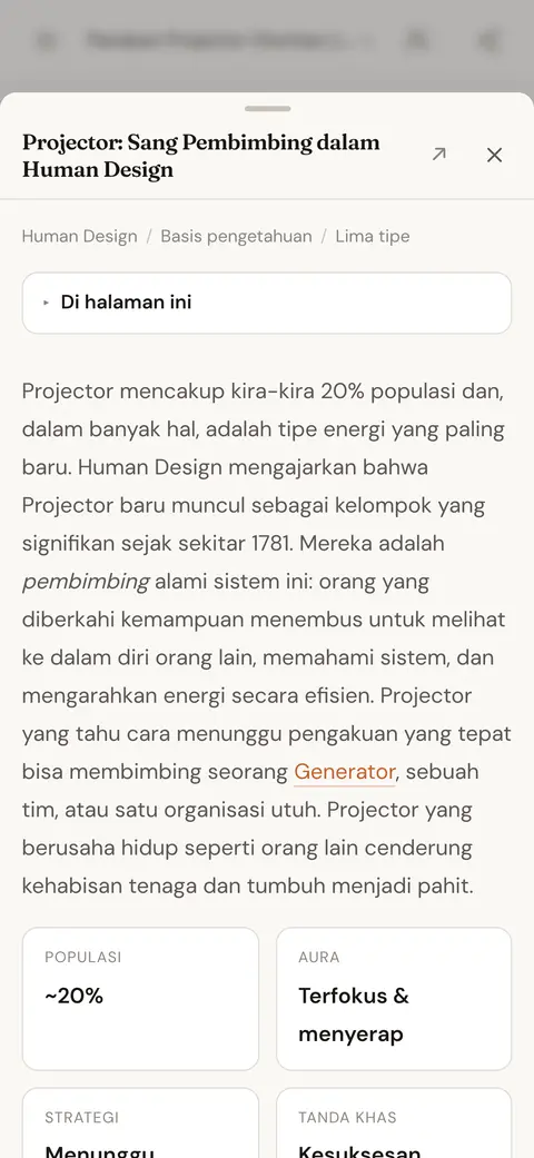 Artikel basis pengetahuan tentang tipe Projector, terbuka di atas balasan chat yang menautkannya
