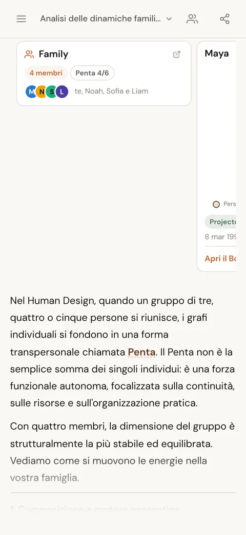 Una scheda persona e una scheda gruppo dentro una risposta dell'AI sulle dinamiche di un gruppo familiare