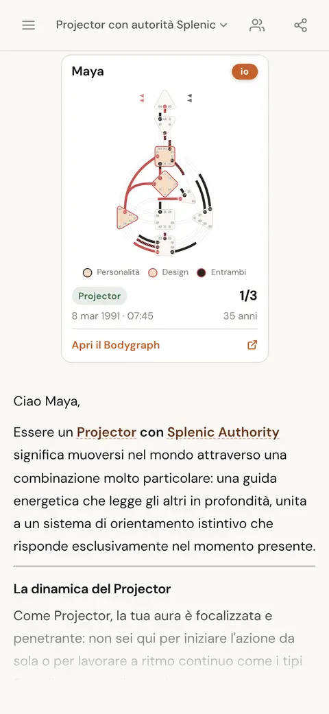 Chat AI che spiega cosa significa essere un Proiettore con autorità Splenica, con la scheda del grafico della persona sopra la risposta
