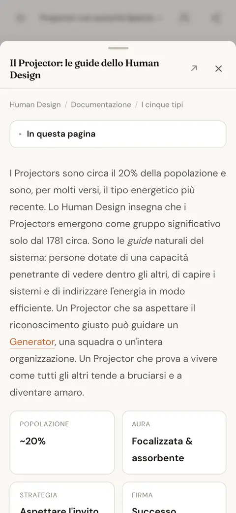 Un articolo della knowledge base sul tipo Proiettore, aperto sopra la risposta della chat che lo collegava