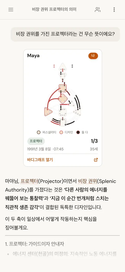 비장 권위를 가진 프로젝터의 의미를 설명하는 AI 채팅과 답변 위에 표시된 차트 카드