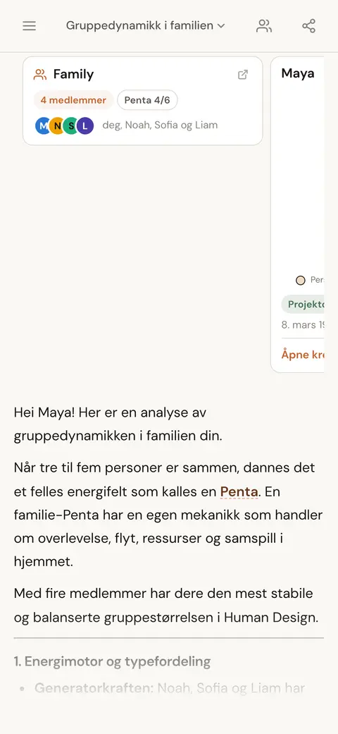 Et personkort og et gruppekort i et KI-chatsvar om dynamikken i en familiegruppe
