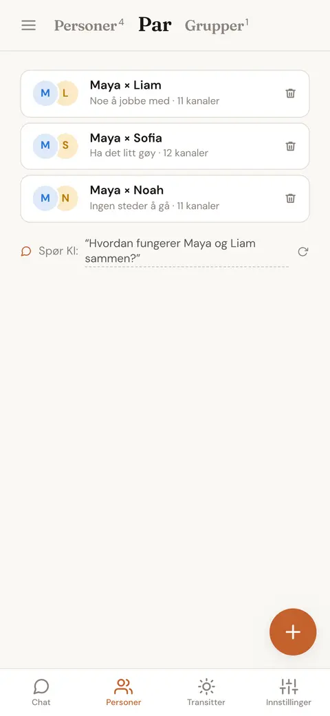 Valg av to lagrede personer å sammenligne, med én plass fylt og én som fortsatt kan velges