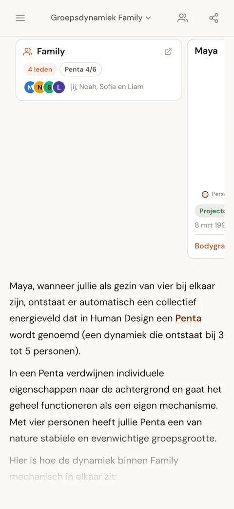 Een kaart van een persoon en een kaart van een groep in een AI-antwoord over de dynamiek van een gezinsgroep