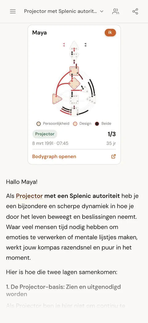 AI-chat die uitlegt wat het betekent om een Projector met Splenic autoriteit te zijn, met de chartkaart van die persoon boven het antwoord