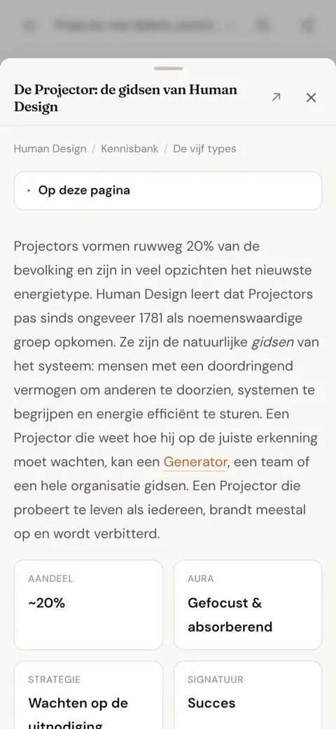 Een kennisbankartikel over het type Projector, geopend over het chatantwoord dat ernaar linkte