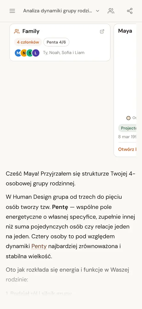 Karta osoby i karta grupy w odpowiedzi czatu z AI na temat dynamiki grupy rodzinnej