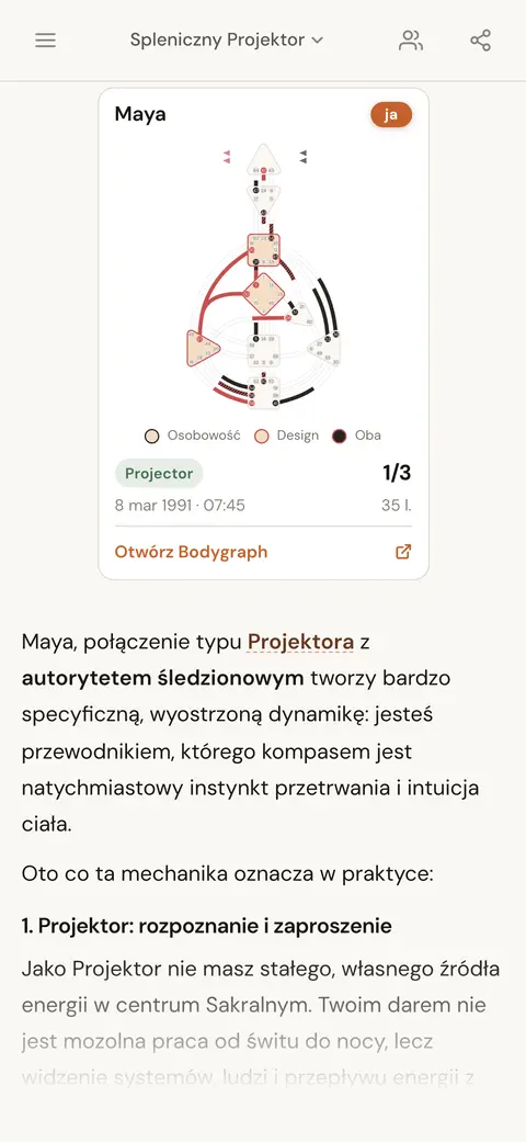Czat z AI wyjaśniający, co oznacza bycie Projektorem z autorytetem śledziony, z kartą wykresu tej osoby nad odpowiedzią