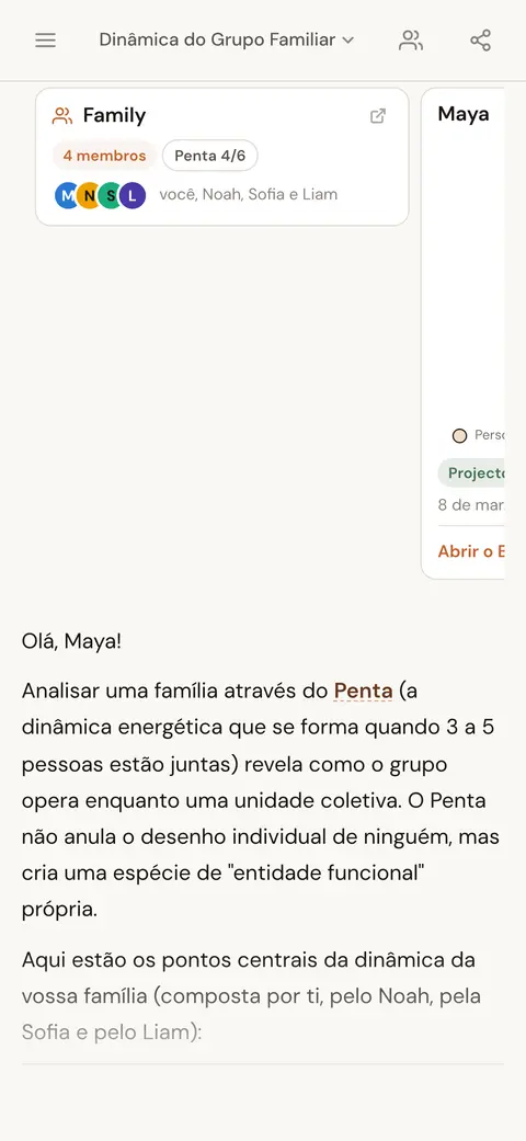Um cartão de pessoa e um cartão de grupo dentro de uma resposta da IA sobre a dinâmica de um grupo familiar