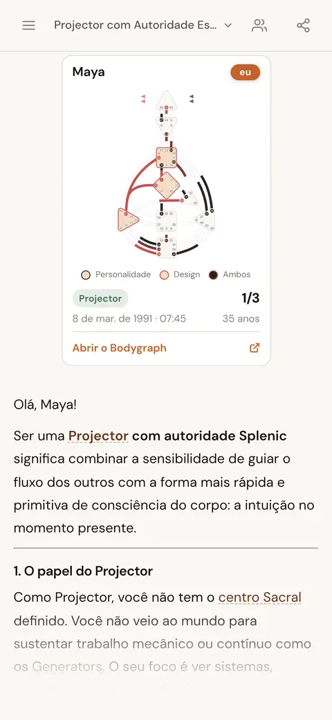 Chat de IA explicando o que significa ser um Projetor com autoridade Esplênica, com o cartão do mapa da pessoa acima da resposta
