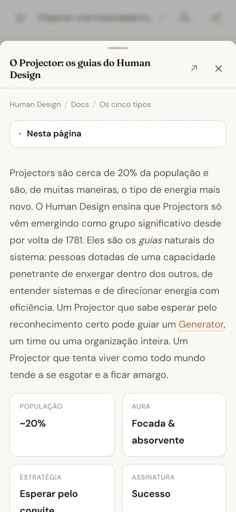 Um artigo da base de conhecimento sobre o tipo Projetor, aberto sobre a resposta do chat que remetia a ele