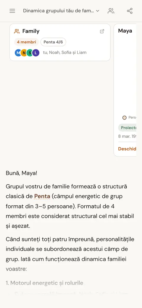 O fișă de persoană și o fișă de grup într-un răspuns al AI-ului despre dinamica unei familii