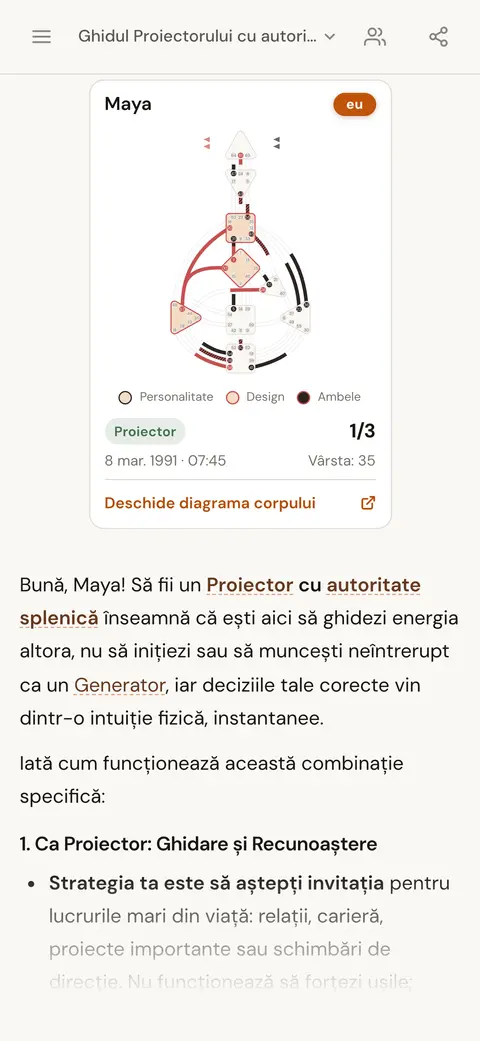 Conversație cu AI despre ce înseamnă să ai tipul Proiector și autoritate splenică, cu fișa hărții persoanei deasupra răspunsului