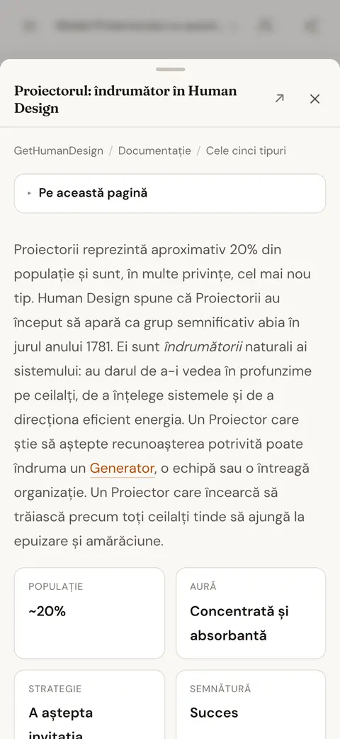 Un articol din baza de cunoștințe despre tipul Proiector, deschis peste răspunsul din conversație care trimite la el