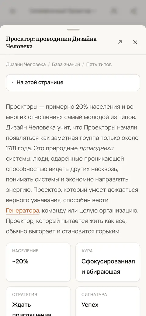 Статья базы знаний о типе Проектор, открытая поверх ответа в чате со ссылкой на неё