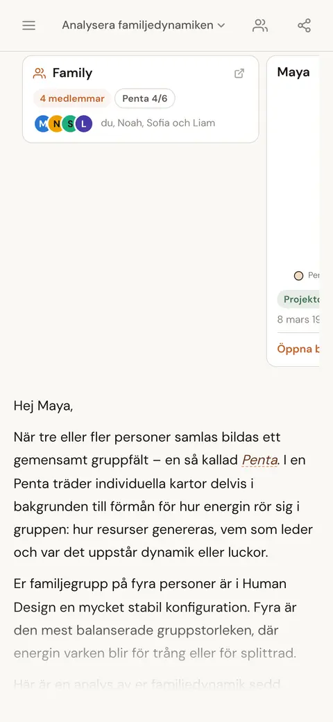 Ett personkort och ett gruppkort i ett AI-chattsvar om dynamiken i en familjegrupp