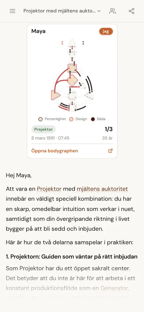 AI-chatten förklarar vad det innebär att vara Projektor med mjältens auktoritet. Ovanför svaret visas personens kartkort