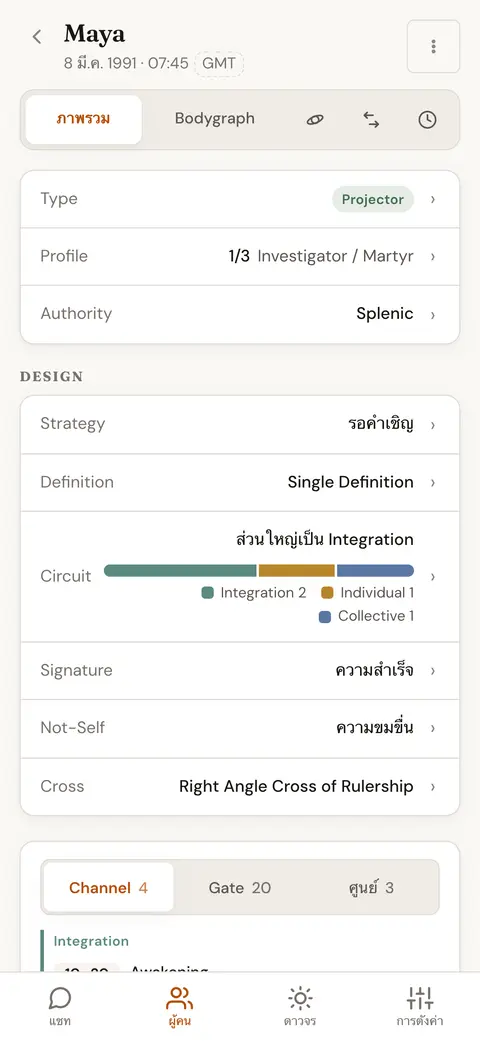 ภาพรวมชาร์ตของคนหนึ่งคน แสดง Type, Profile, Authority, Strategy, Definition และ Incarnation Cross