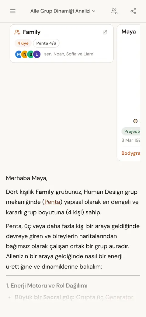 Bir aile grubunun dinamiklerine dair bir AI sohbet yanıtının içinde bir kişi kartı ve bir grup kartı