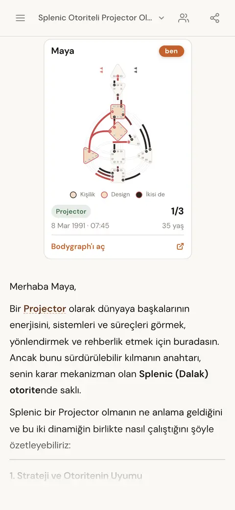 Dalak Otoriteye sahip bir Projektör olmanın ne anlama geldiğini açıklayan AI sohbeti; yanıtın üstünde kişinin harita kartı